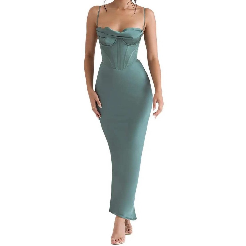 House of CB Charmaine Corset Maxi Dress Pine Green Satin Coquette Size Large